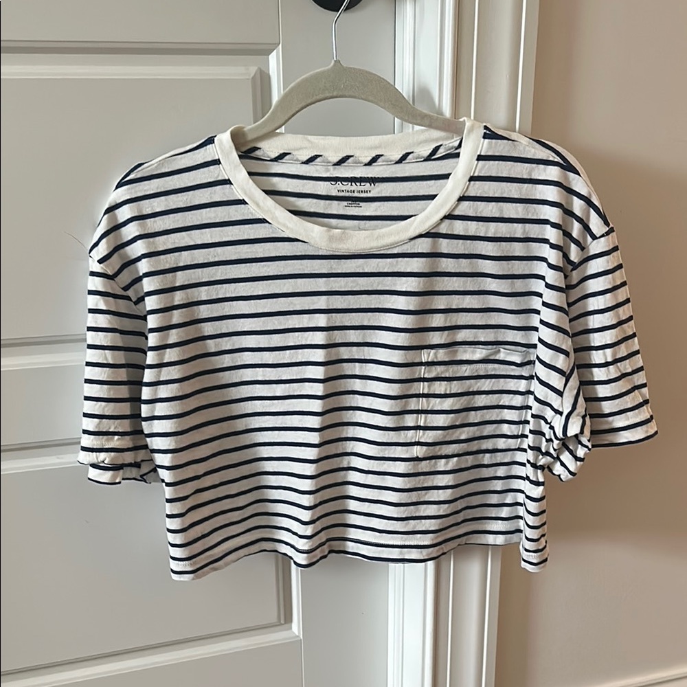 JCREW White and Blue Short Sleeve Cropped Tee